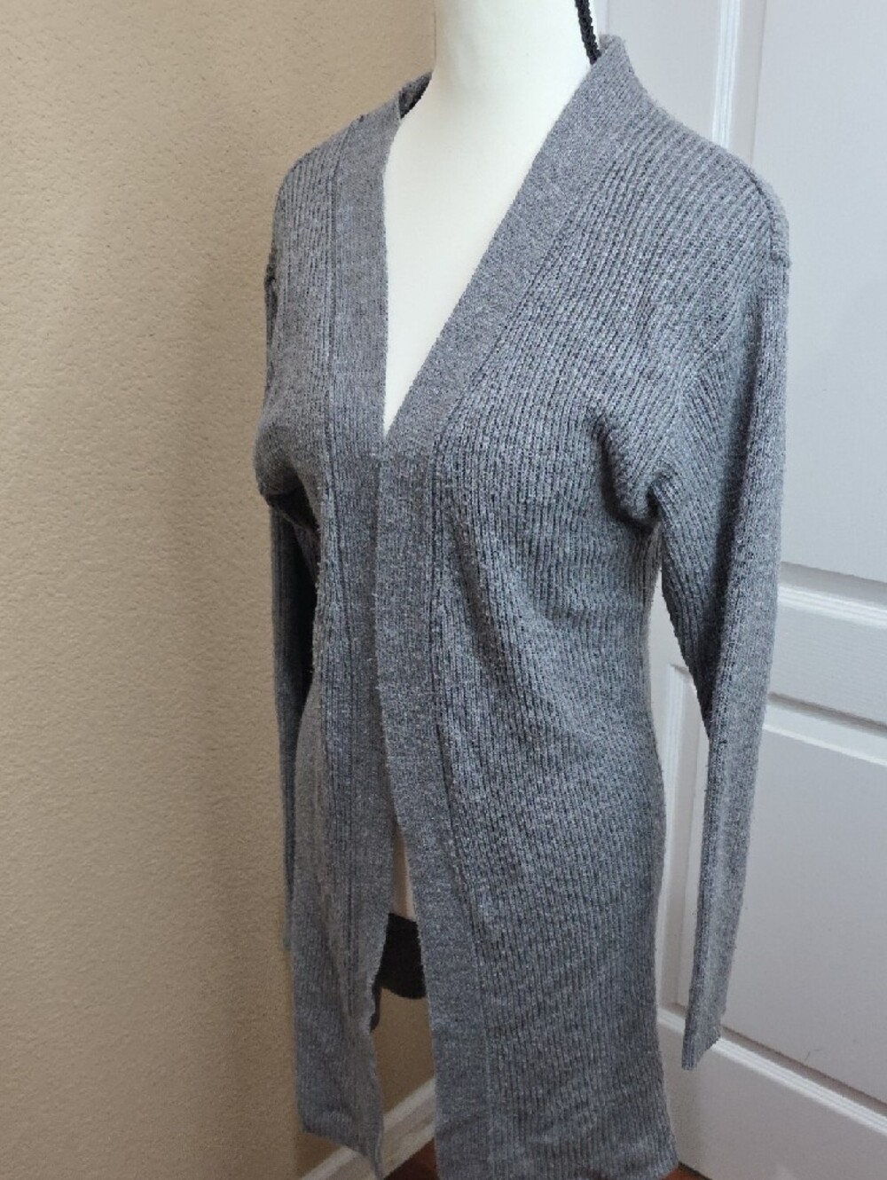 Ambiance Long Open-Front Ribbed Cardigan - Gray - Picture 2 of 6